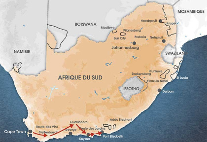 Carte Afrique du Sud - Route des Vins et jardins en version charme