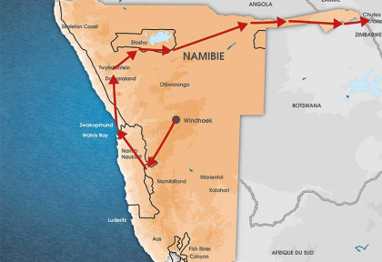 Namibie - Carte Circuit Du Namib aux chutes Victoria