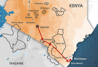 Kenya - Carte safari Plage et safari en minibus 4x4