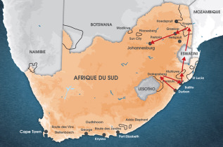 Carte Afrique du Sud - Circuit Echappée Sauvage du Drakensberg au Kruger de Durban à Johannesburg