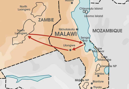 Carte Safari Zambien et plages du Malawi